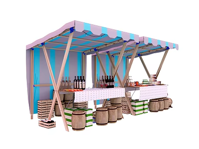 Commercial Equipment Outdoor Market Stall With Striped Canopy Counter Wooden Barrels Storage Crates And Bottles 3d model