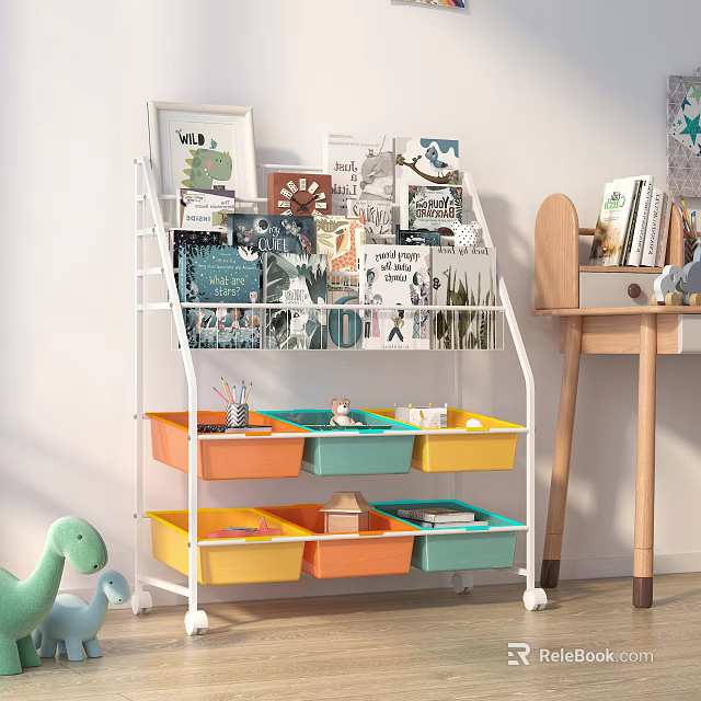 White Multi tiered Bookcase With Colorful Storage Bins For Kids Books And Toys 3d model 