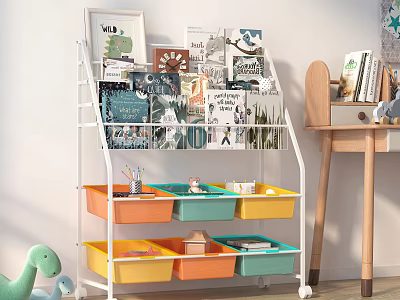 White Multi tiered Bookcase With Colorful Storage Bins For Kids Books And Toys 3d model