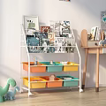 White Multi tiered Bookcase With Colorful Storage Bins For Kids Books And Toys