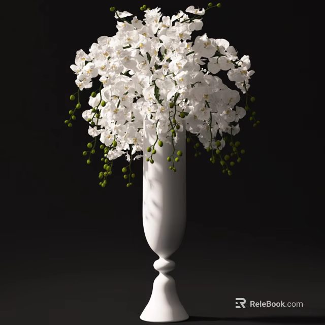 Elegant White Ceramic Vase With White Orchids And Green Berries On Black Background 3d model 