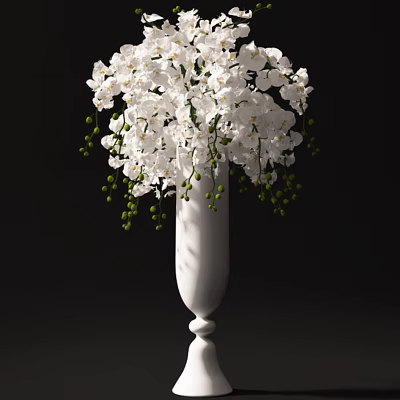 Elegant White Ceramic Vase With White Orchids And Green Berries On Black Background 3d model