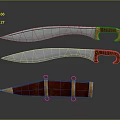 Carved Knife Sculptures Featuring Metal Blades Red Handles And Gold Decorated Sheath
