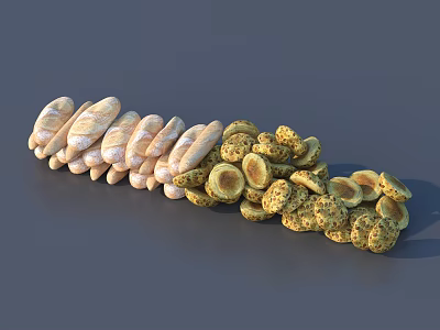 Freshly Baked Assorted Bread Rolls And Cookies Arranged On Gray Surface 3d model