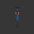 Blue Mountain Bike With Black Tires Suspension Frame Orange Water Bottle Cage