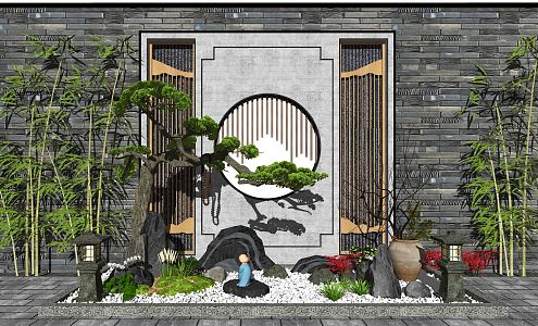 New Chinese style landscape sketch landscape sketch courtyard landscape wall 3d model