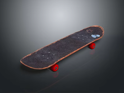Black Skateboard With Red Wheels And Brown Edges On Dark Background 3d model