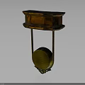 Antique Shelving Equipment Featuring Wooden Shelves Metal Supports And Golden Circular Base