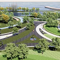Beautiful Open Park Landscape With Green Trees Grassland Walking Path And Pedestrians