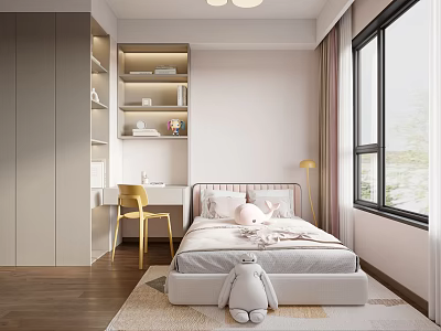 Kids Room Interior Design With Bed Desk Chair Bookshelf Window And Stuffed Toys 3d model