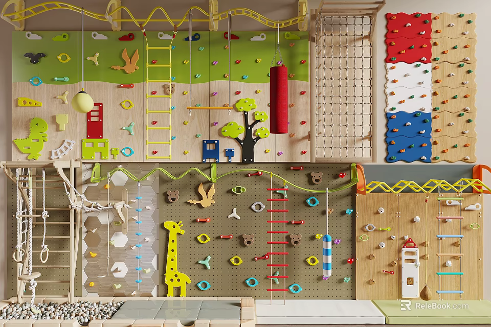 Colorful Interactive Kids Play Area With Climbing Walls Ropes Slides And Animal Decorations 3d model 