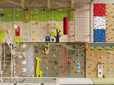 Colorful Interactive Kids Play Area With Climbing Walls Ropes Slides And Animal Decorations 3d model