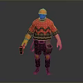 3D Construction Worker Character With Orange Hard Hat Red Shirt Knee Pads And Tools