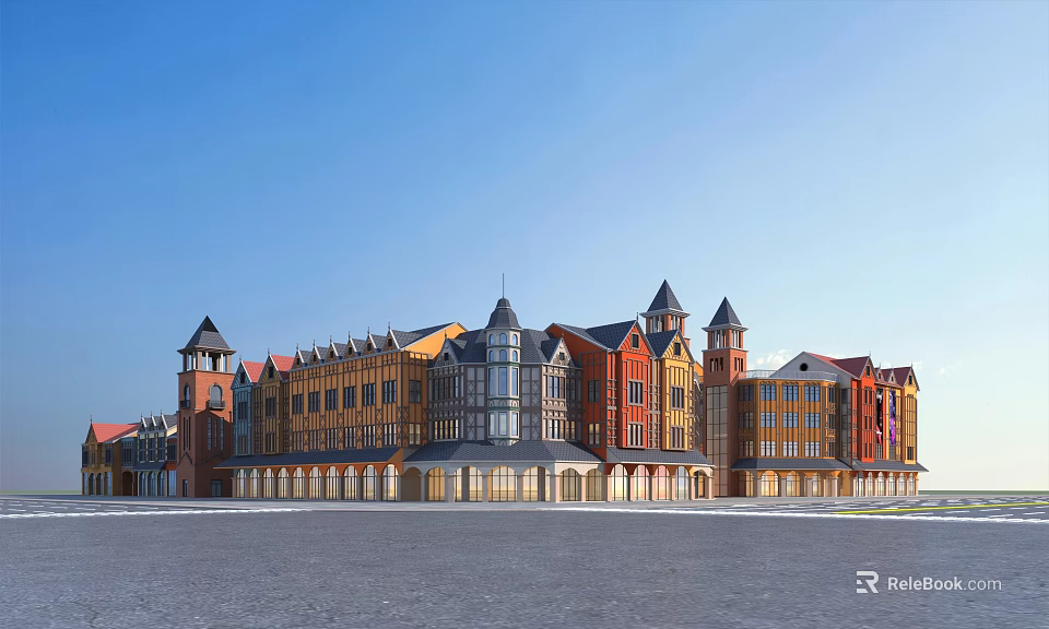 European Style Commercial Street With Colorful Facades Spires And Towered Storefronts 3d model 