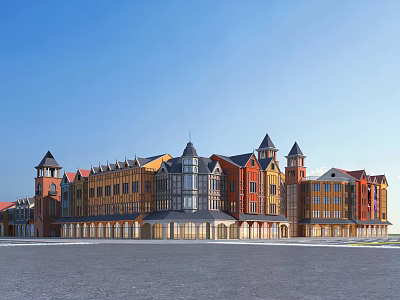 European Style Commercial Street With Colorful Facades Spires And Towered Storefronts 3d model