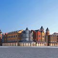 European Style Commercial Street With Colorful Facades Spires And Towered Storefronts