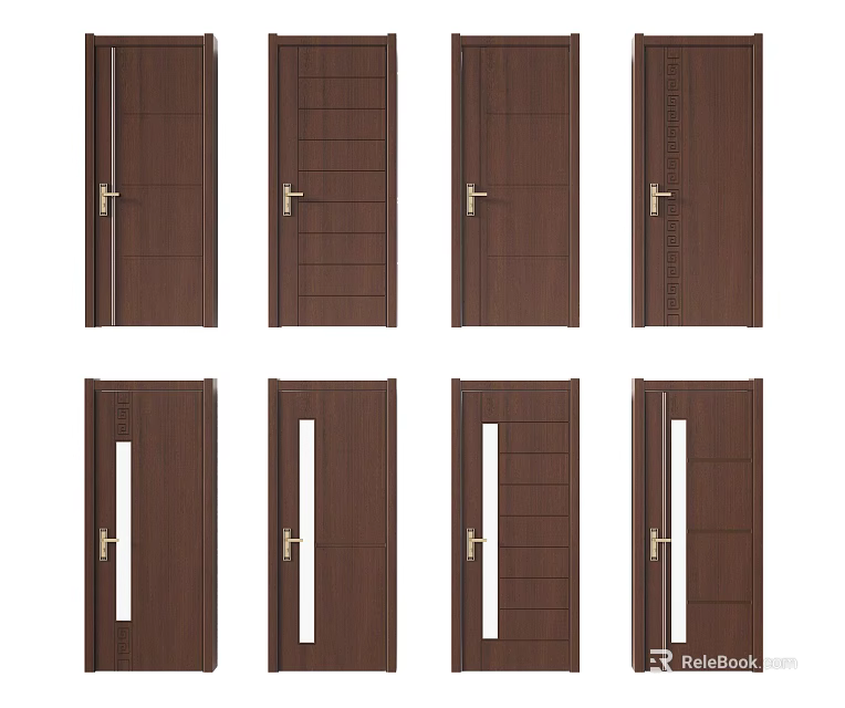 Wooden Hinged Doors with Various Panel and Glass Designs for Interior Use 3d model