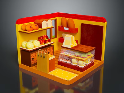 Cartoon Style Bakery Shop Interior With Fruits Bread Display Case And Yellow Red Cabinets 3d model