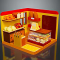 Cartoon Style Bakery Shop Interior With Fruits Bread Display Case And Yellow Red Cabinets