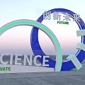 Science Innovate Future Themed Circular Structure Design with Blue Green Rings and Modern Elements 3d model