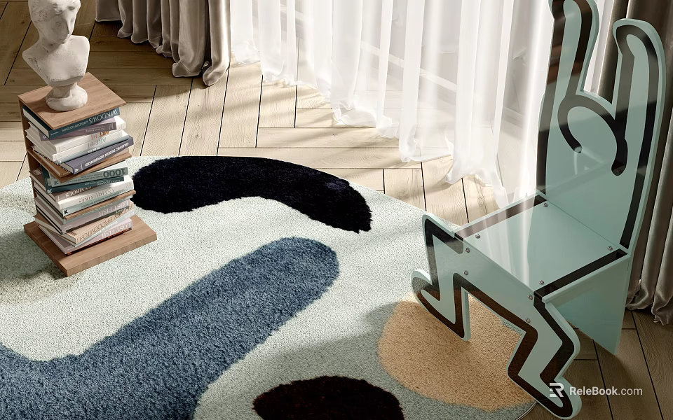 Light Blue Accent Chair with Colorful Shaped Rug Wooden Floor Stacked Books and White Curtains 3d model 