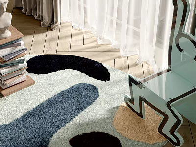 Light Blue Accent Chair with Colorful Shaped Rug Wooden Floor Stacked Books and White Curtains 3d model