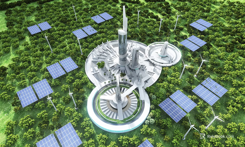 Cartoon Scene of Futuristic Building in Green Forest with Solar Panels and Wind Turbines 3d model 