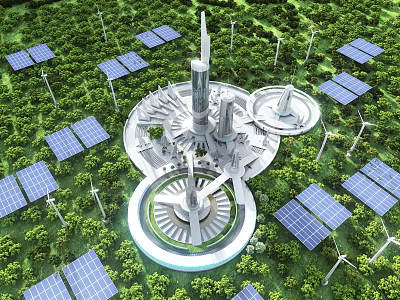 Cartoon Scene of Futuristic Building in Green Forest with Solar Panels and Wind Turbines 3d model