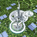 Cartoon Scene of Futuristic Building in Green Forest with Solar Panels and Wind Turbines