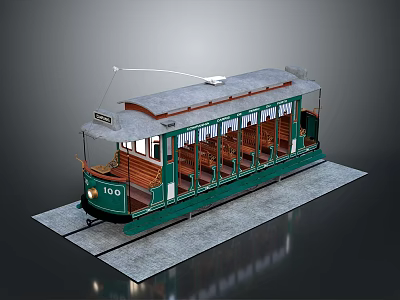 Green Vintage Tram Number 100 With Wooden Seats On Tracks And Overhead Wires 3d model