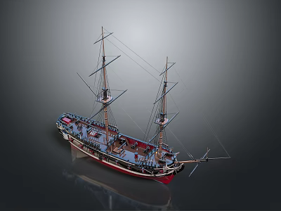 Classic Model Sailboat With Tall Masts Detailed Rigging And Blue Red Hull Design 3d model