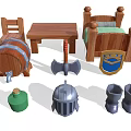 Vintage Medieval Style Decorative Ornament Set Including Wooden Bed Table Chair Barrel Shield Helmet