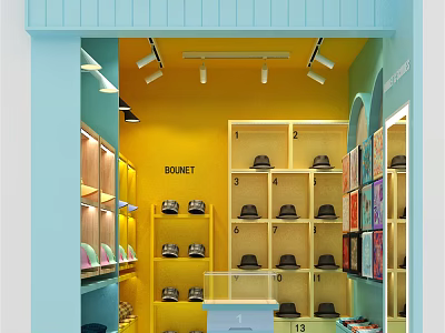 Colorful Bonnet Hat Store With Bright Yellow Interior And Shelves 3d model