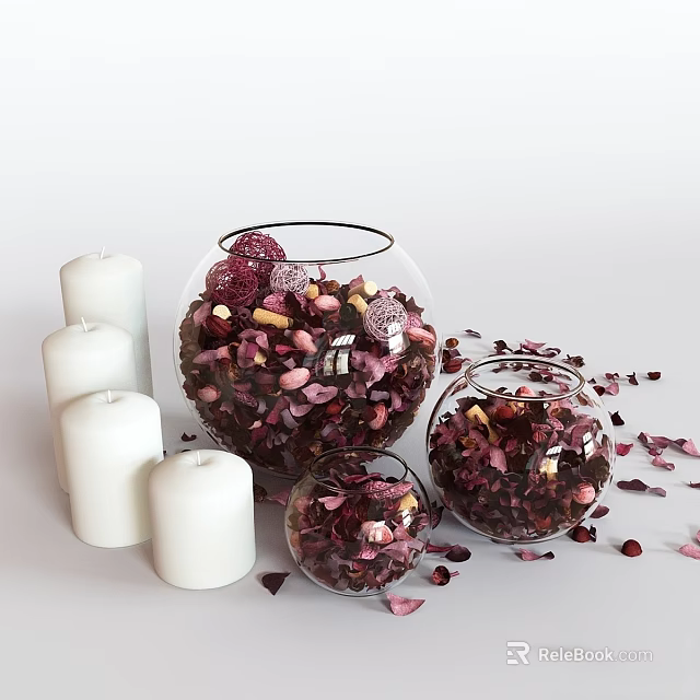 Elegant Decorative Ornament Set With Glass Bowls Purple Petals And White Candles For Home Decor 3d model 