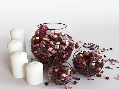 Elegant Decorative Ornament Set With Glass Bowls Purple Petals And White Candles For Home Decor 3d model
