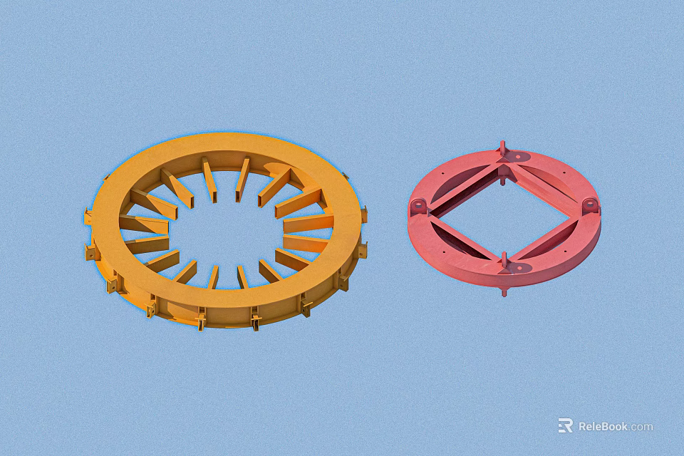 Industrial Equipment Components Yellow Circular With Radial Supports And Red Ring Cross Bracing 3d model 