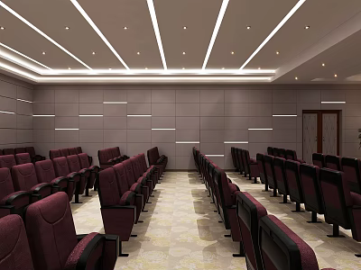 School Lecture Hall with Maroon Seats Arranged in Rows and Ceiling Lights 3d model
