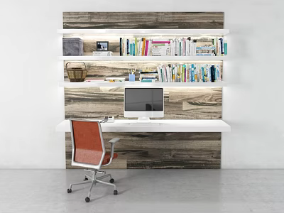 Modern Study Desk With Wooden Wall Bookshelf Computer Monitor And Red Chair 3d model