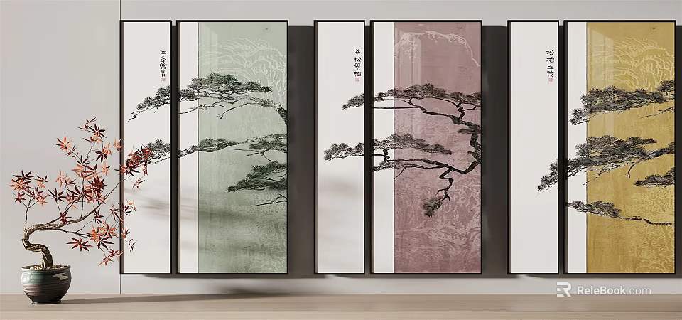 Traditional Chinese Decorative Paintings Featuring Pine Tree And Mountain Elements 3d model