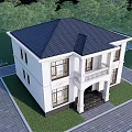 Detached Villa With White Exterior Black Roof Symmetrical Windows Black Door Balcony And Green Lawn