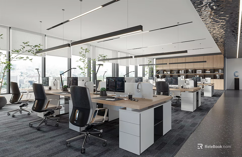 Modern Public Office Space With Desks Office Chairs Computers Windows And Hanging Lights 3d model 