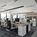 Modern Public Office Space With Desks Office Chairs Computers Windows And Hanging Lights