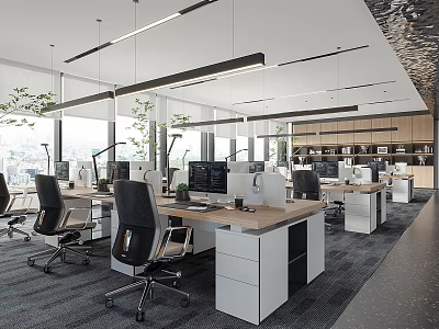 Modern Public Office Space With Desks Office Chairs Computers Windows And Hanging Lights 3d model