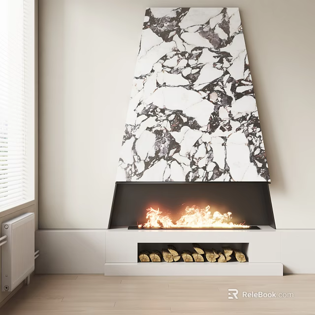 Modern Marble Fireplace With Burning Flames In Elegant Interior Design 3d model