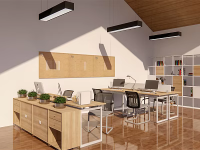 Modern Public Office Space With Wooden Ceiling Hanging Lights Bulletin Board And Potted Plants 3d model
