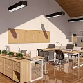 Modern Public Office Space With Wooden Ceiling Hanging Lights Bulletin Board And Potted Plants
