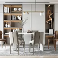 Modern Dining Table Set with Chairs Wall Mounted Shelves Decorative Figurines Pendant Lights Area Rug