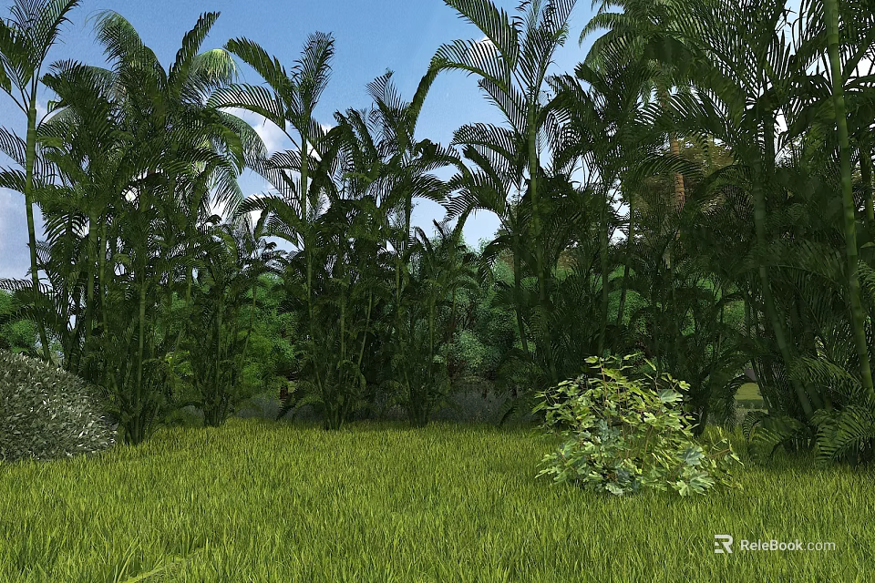 Garden Landscape With Tall Palm Trees Other Green Plants And Grassland Under Blue Sky 3d model 