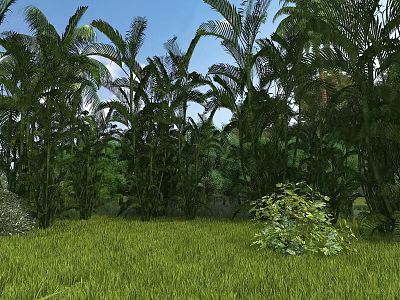Garden Landscape With Tall Palm Trees Other Green Plants And Grassland Under Blue Sky 3d model