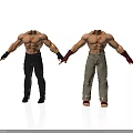 Two Muscular Shirtless Men Wearing Black Khaki Pants and Gloves